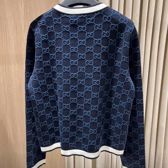Gucci GG Logo Monogram Striped Jacquard Knit Cotton Cardigan in Navy size Large - Picture 2 of 8